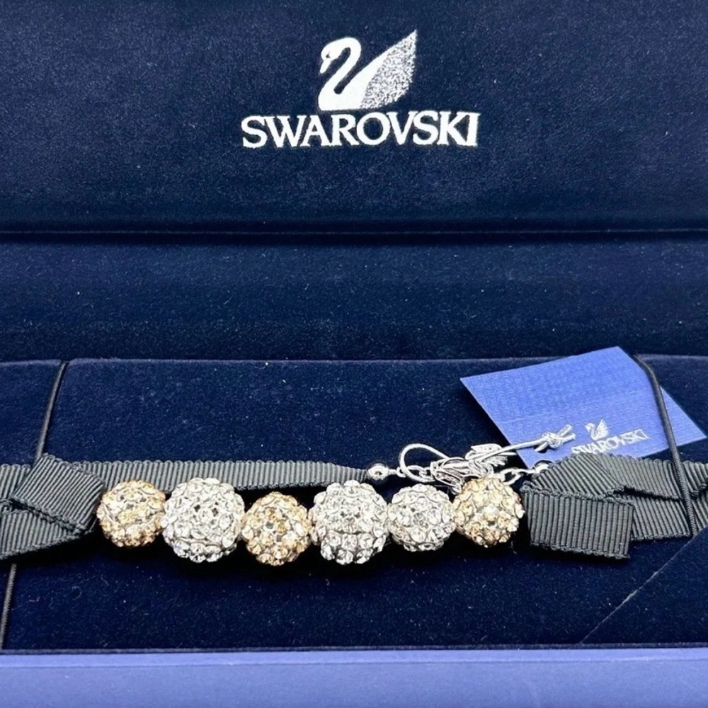 Swarovski Black Ribbon Necklace with Silver and Gold Beads